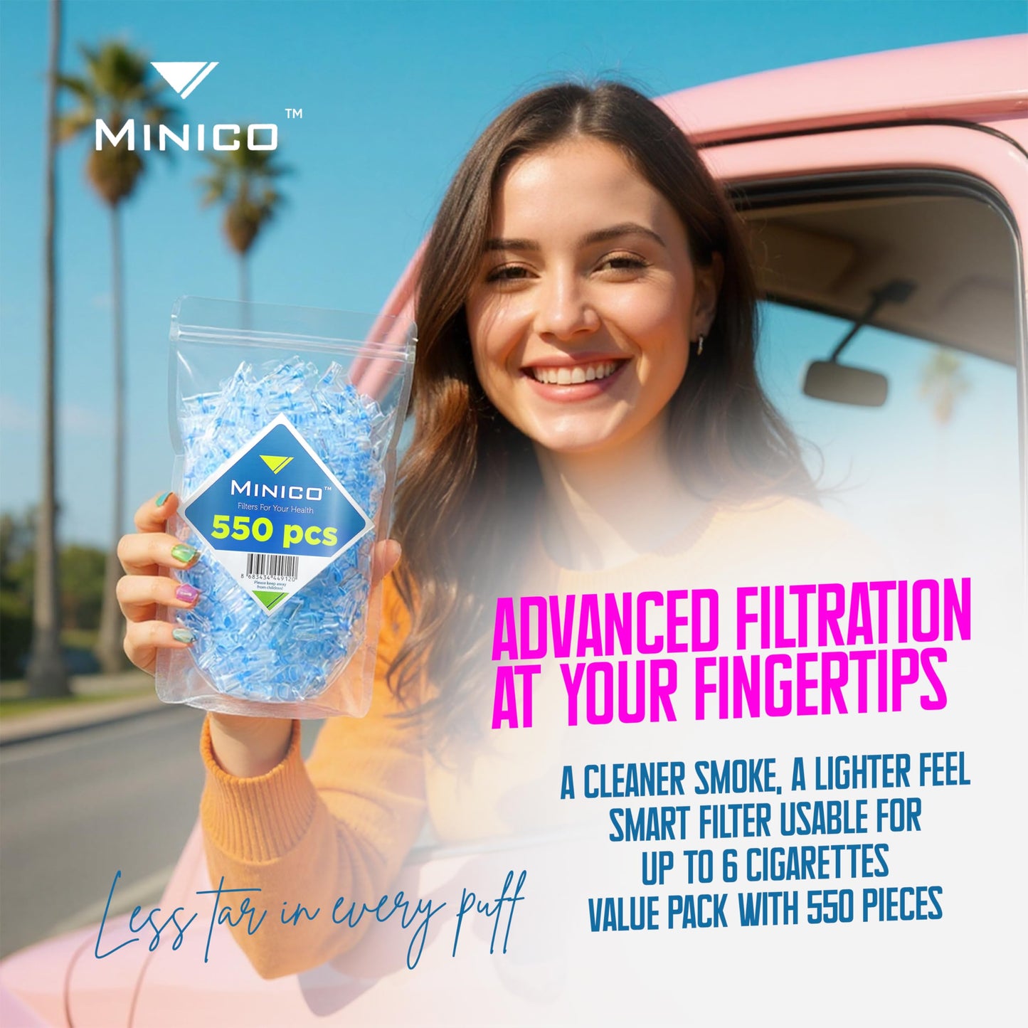 MINICO 8mm Disposable Cigarette Filters – Tar & Nicotine Reduction, Pack of 550MINICO 8mm Disposable Cigarette Filters – Tar & Nicotine Reduction, Pack of 550