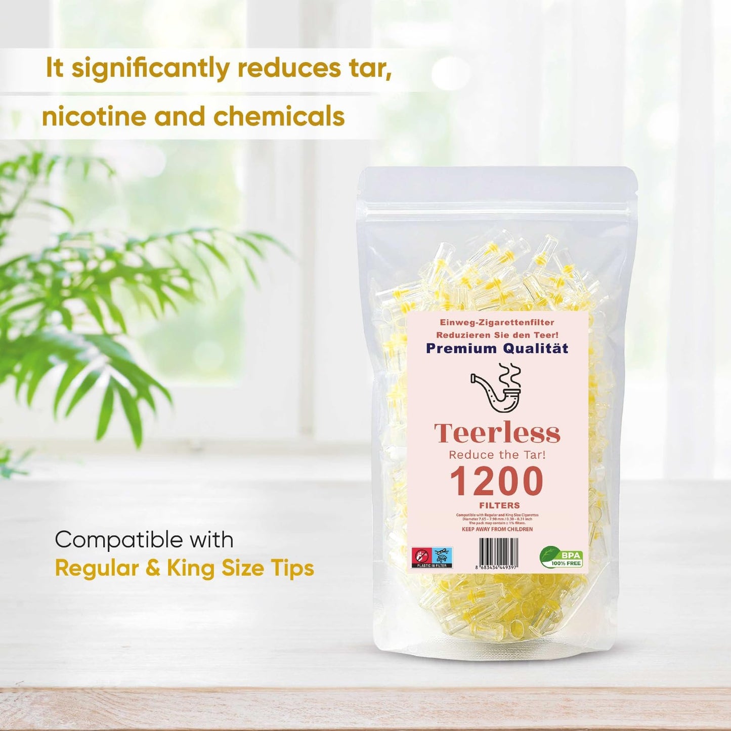 TEERLESS 8mm Disposable Cigarette Filters – Tar & Nicotine Reduction, Pack of 1,200